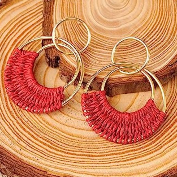 Red Woven Raffia Gold Hoop Earrings Wicker Hoops Links Post Vacation Style New - Picture 2 of 5